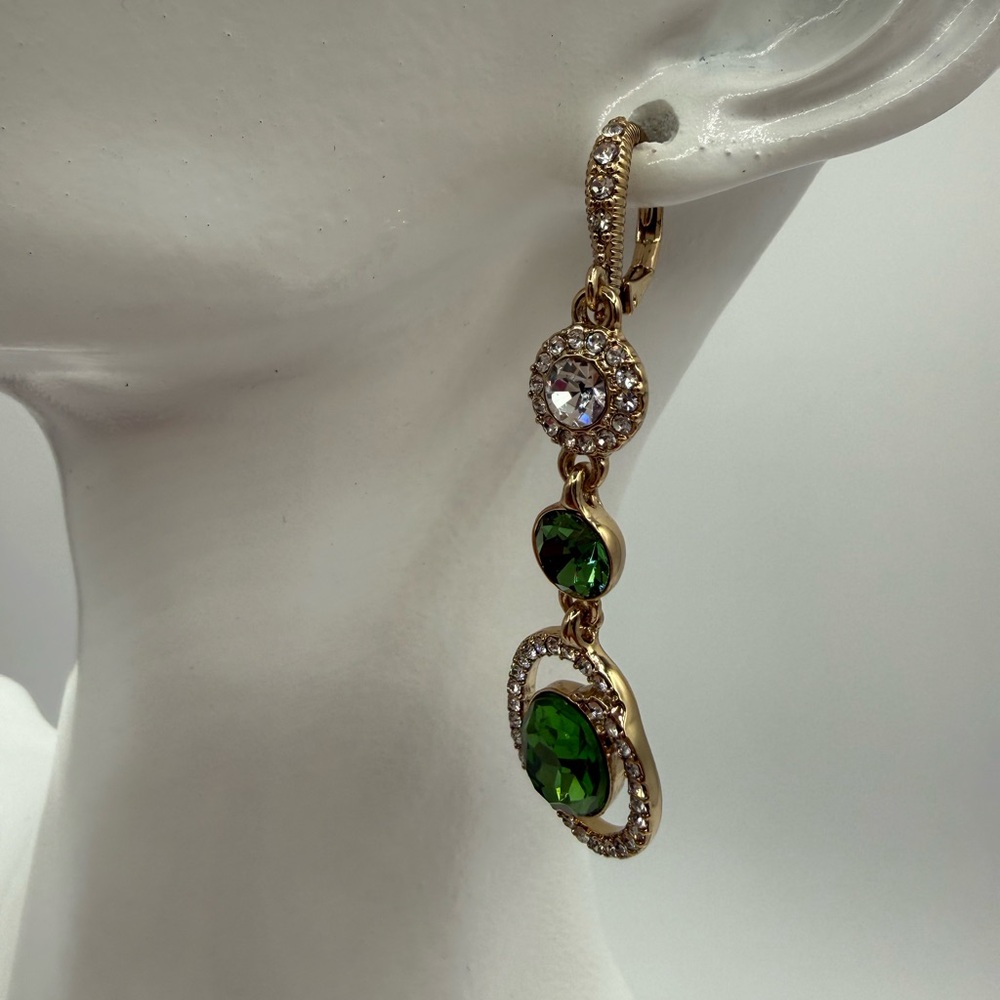 Givenchy Statement Drop Gold Tone With Green And Clear Crystals Earrings - Picture 14 of 15